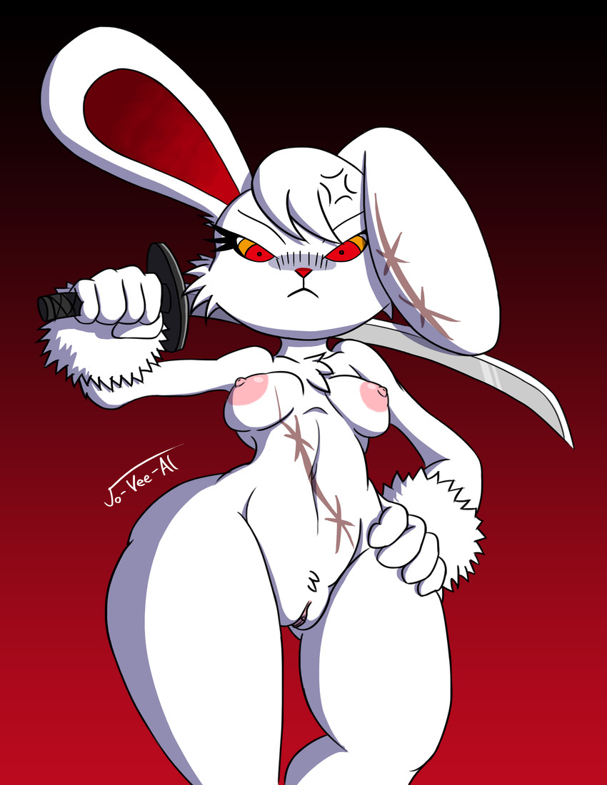 anthro curvy_figure female genitals hair hand_on_hip melee_weapon nipple_dip nipples nude plushie pussy red_background red_eyes scar simple_background solo standing sword thick_thighs voluptuous weapon wide_hips yellow_eyes jo-vee-al 2spot_studio bloody_bunny_(series) bloody_bunny animate_inanimate lagomorph leporid living_plushie mammal monster rabbit absurd_res hi_res