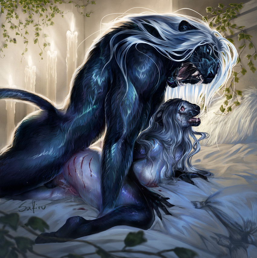 anthro anthro_on_anthro anthro_penetrated anthro_penetrating anthro_penetrating_anthro bed black_body black_fur blood bodily_fluids detailed_background dominant dominant_male duo eyebrows eyelashes female female_penetrated forced from_behind_position fur furniture genitals hair male male/female male_penetrating male_penetrating_female on_bed open_mouth penetration pussy rape rough_sex scratches sex snarling tears teeth tongue vaginal vaginal_penetration violence white_hair wounded safiru bagheera_(fursona) safi_(safiru) balinese_cat domestic_cat felid feline felis mammal oriental_longhair pantherine hi_res