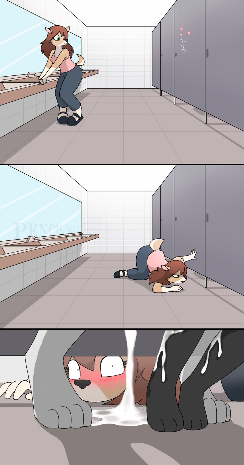 adult_on_young age_difference anthro ass_up bathroom being_watched bent_over blush blush_lines bodily_fluids caught_in_the_act constricted_pupils cum cum_drip cum_inside cum_on_ground cum_on_leg dripping duo ejaculation emanata enhibitionism excessive_cum excessive_genital_fluids female genital_fluids heart_symbol kneeling leg_cropped_sex looking_at_another male male/female mostly_offscreen_character o_o offscreen_sex peeping penetration public public_restroom pupils sex small_pupils standing stealth_sex suggestive surprised_expression toilet wide_eyed young young_anthro pencil_bolt canid canine canis deer felid feline mammal wolf absurd_res comic hi_res
