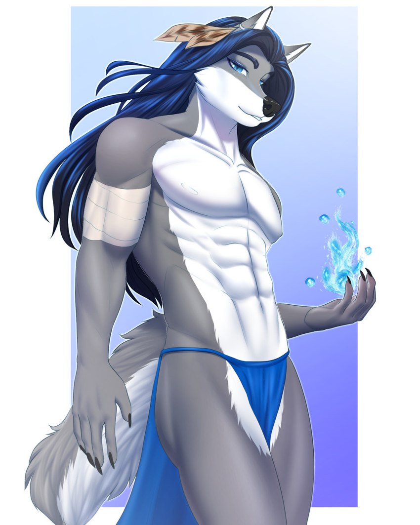 5_fingers abs anthro athletic athletic_anthro athletic_male black_hair black_nose blue_highlights bottomwear claws clothed clothing elemental_manipulation finger_claws fingers fur grey_body grey_fur hair highlights_(coloring) humanoid_hands loincloth long_hair looking_at_viewer magic magic_user male multicolored_body multicolored_fur navel pecs skimpy smile solo topless topless_anthro topless_male two_tone_body two_tone_fur water water_manipulation white_body white_fur amur masterofwolves99 maku_(masterofwolves99) canid canine canis mammal wolf 2022 4:5 hi_res