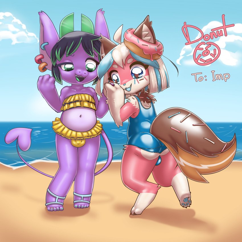 beach belly big_tail bulge clothing dessert doughnut femboy food fur hair pastry pawpads paws pink_body pink_fur seaside swimwear tail white_hair misterdonut donut_(misterdonut) canid canine canis domestic_dog food_creature imp mammal sprinkledog 1:1 hi_res