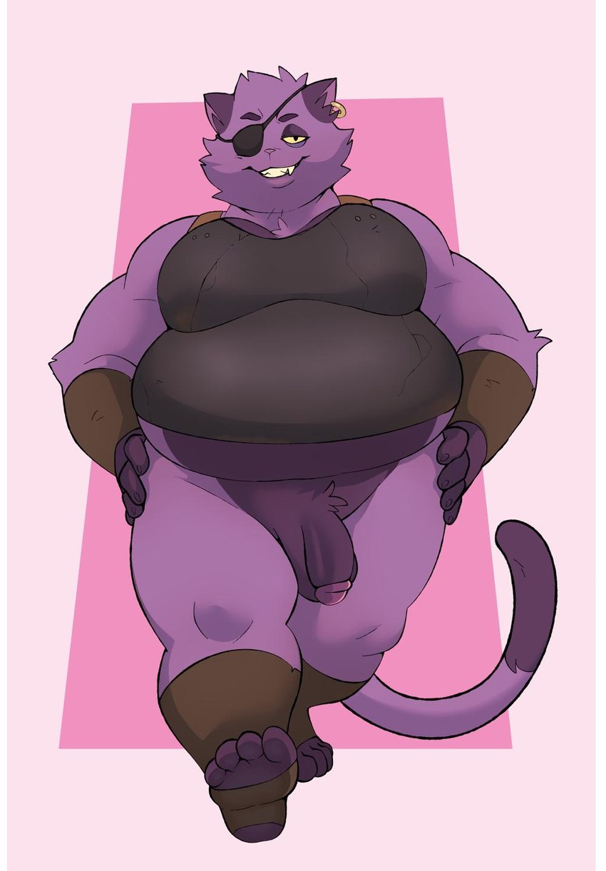 anthro balls belly bottomless clothed clothing ear_piercing eye_patch eyewear fur genitals male overweight overweight_anthro overweight_male penis piercing purple_body purple_fur solo conditional_dnp erobos leliel domestic_cat felid feline felis mammal hi_res