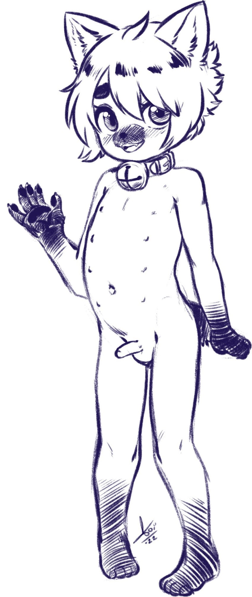 anthro balls bell bell_collar blush circle_eyebrows collar collar_only countershade_face countershade_fur countershade_snout countershading erection eyebrows foreskin fur genitals gesture gloves_(marking) hair humanoid_genitalia humanoid_penis inner_ear_fluff leg_markings looking_at_viewer male male_anthro markings multi_nipple navel nipples nude nude_anthro nude_male pawpads penis short_hair small_penis snout socks_(marking) solo standing tuft waving waving_at_viewer young young_anthro young_male aogami domestic_cat felid feline felis mammal siamese 2022 digital_drawing_(artwork) digital_media_(artwork) full-length_portrait hi_res line_art portrait signature