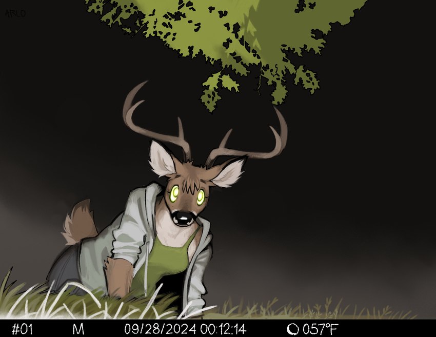 all_fours anthro antlers bottomwear breasts clothing female glowing glowing_eyes grass head_tuft horn jacket looking_at_viewer night number outside plant recording shirt solo tail tank_top temperature topwear trail_cam tree tuft luckymuttz deer mammal new_world_deer white-tailed_deer absurd_res dated digital_drawing_(artwork) digital_media_(artwork) hi_res