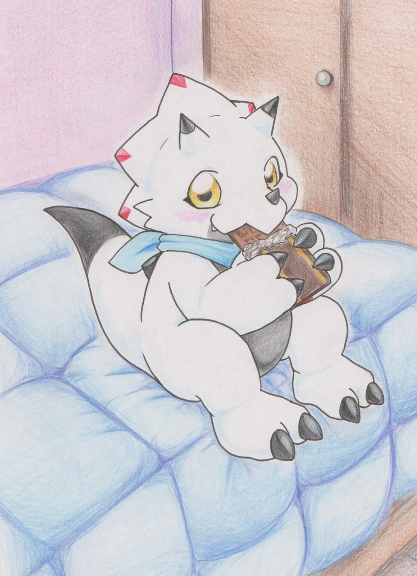 ambiguous_gender anthro bed blush candy chibi chocolate claws dessert detailed_background eating food furniture horn inside looking_at_viewer on_bed sitting solo white_body wings yellow_eyes tabasukotrr bandai_namco digimon digimon_ghost_game digimon_(species) gammamon hi_res traditional_media_(artwork)