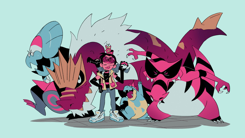 anthro black_markings blue_body bottomwear clothed clothing eyewear feral footwear fur glasses group jacket male markings open_clothing open_jacket open_topwear pants pokeball red_body sharp_teeth shirt shoes simple_background standard_pokeball teeth topwear white_body white_fur trisketched nintendo pokemon croconaw dracovish fossil_pokemon generation_2_pokemon generation_5_pokemon generation_6_pokemon generation_7_pokemon generation_8_pokemon human krookodile mammal pokemon_(species) salandit sizzlipede tyrantrum absurd_res hi_res