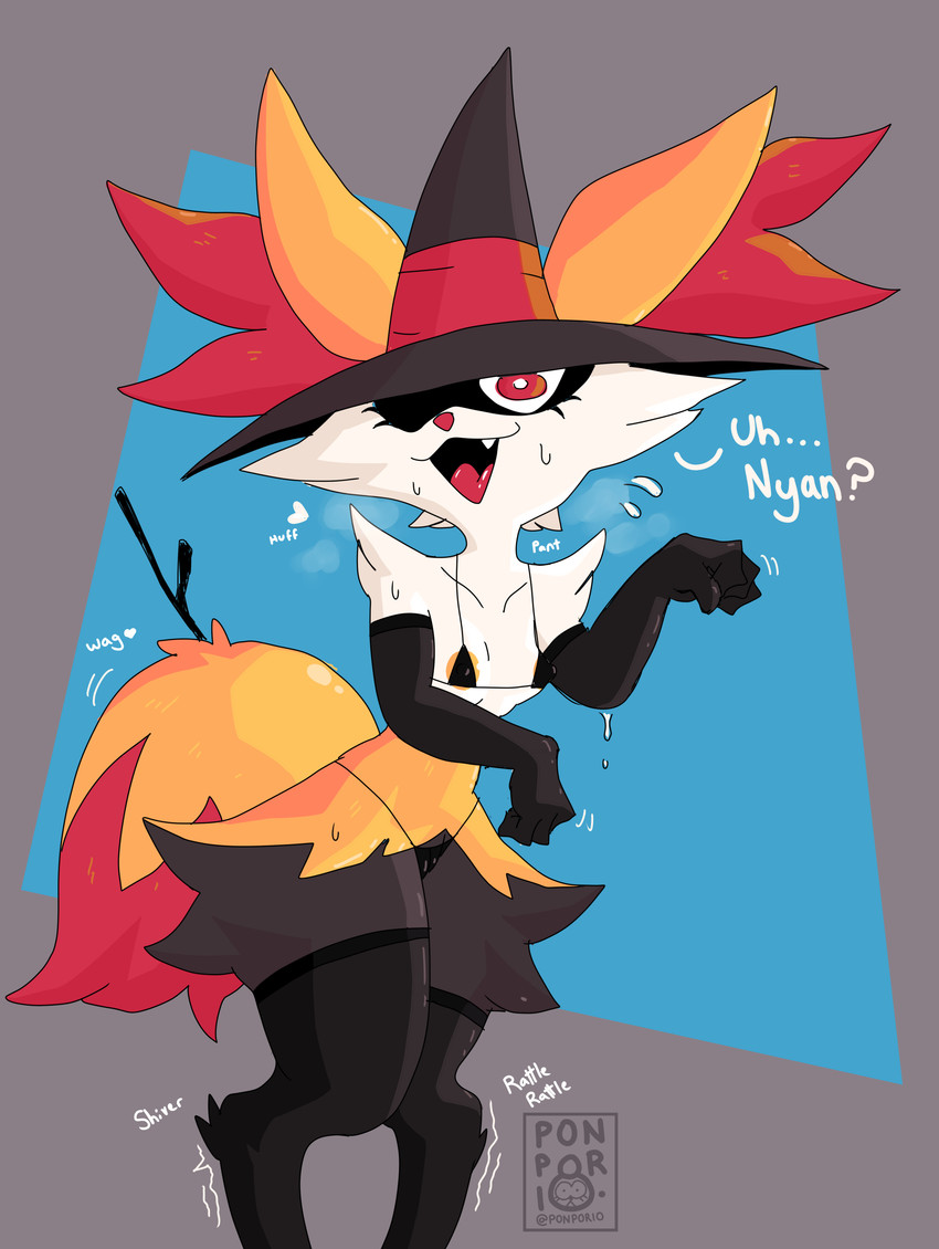 anthro bikini breasts clothing embarrassed female fur gloves handwear hat headgear headwear legwear lingerie magic_user nyan orange_body orange_fur paw_pose pose red_eyes small_breasts smile solo stockings swimwear two-piece_swimsuit witch witch_hat ponporio nintendo pokemon braixen generation_6_pokemon pokemon_(species) absurd_res hi_res