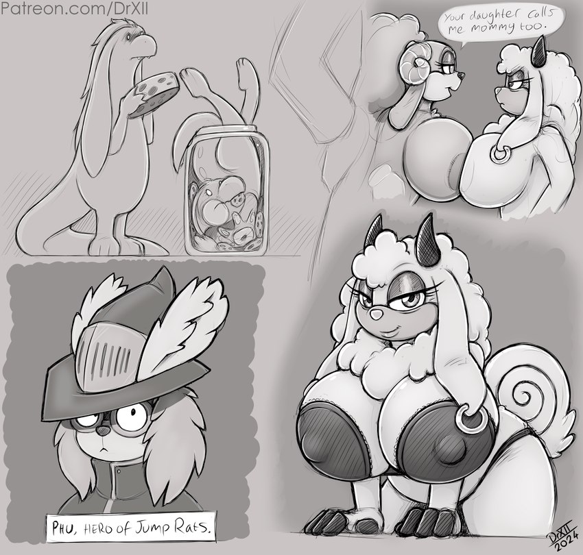 anthro big_breasts breasts clothed clothing female fur hair horn huge_breasts looking_at_viewer mature_anthro mature_female poofy_hair simple_background smile solo tail text drxii sega sonic_dream_team sonic_the_hedgehog_(series) ariem_(sonic) blueberry_kobold gooseberry_kobold lanolin's_mother_(sonic) phu_(foo) bovid caprine kobold mammal reptile scalie sheep digital_media_(artwork) english_text hi_res