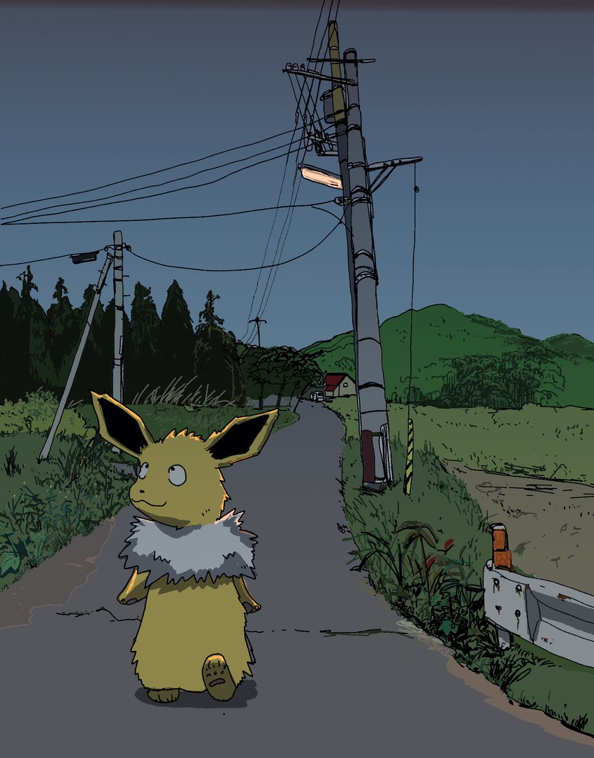 ambiguous_gender anthro building cracked dot_nose fur grass house looking_up night outside pawpads paws plant post sky smile solo street street_lamp tree walking wire yellow_body yellow_fur geboku nintendo pokemon eeveelution generation_1_pokemon jolteon pokemon_(species) 2022 digital_media_(artwork) hi_res shaded