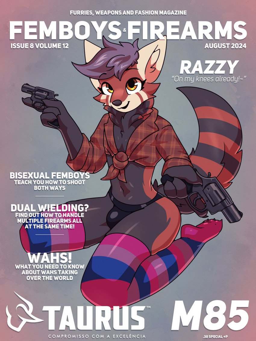 anthro bisexual_pride_colors bulge clothed clothing crossdressing dual_wielding femboy front_tie_shirt gun handgun holding_object holding_weapon kneeling legwear lgbt_pride male pattern_clothing pattern_legwear pattern_shirt pattern_stockings pattern_topwear plaid plaid_clothing plaid_shirt plaid_topwear pride_colors ranged_weapon revolver shirt solo stockings striped_clothing striped_legwear striped_stockings stripes text thong topwear underwear weapon marcus_gray ailurid mammal red_panda 3:4 cover english_text hi_res magazine_cover