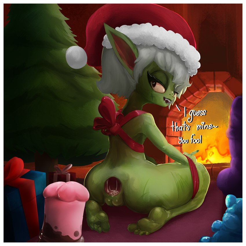 andromorph animal_genitalia animal_penis anus bdsm big_butt biped bodily_fluids bondage border bound bow_tie butt chimney christmas_clothing christmas_headwear christmas_tree clothing cum cum_drip cum_inside dripping equine_genitalia equine_penis feet female female_humanoid gaping gaping_anus genital_fluids genitals gift green_body green_skin hair headgear headwear holidays intersex not_furry penis plant plump_labia pussy rear_view solo spread_anus spreading teasing teeth text tree white_border white_hair 3rn14 christmas goblin humanoid 1:1 colored hi_res