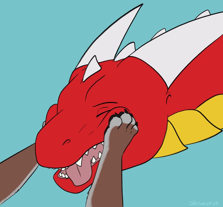 black_claws brown_body brown_fur claws duo eyes_closed face_squish feral fur happy horn male paws red_body simple_background squish teeth tongue tongue_out white_horn ollosaurus european_mythology mythology zetralth canid canine dragon mammal mythological_creature mythological_scalie scalie western_dragon absurd_res digital_media_(artwork) hi_res