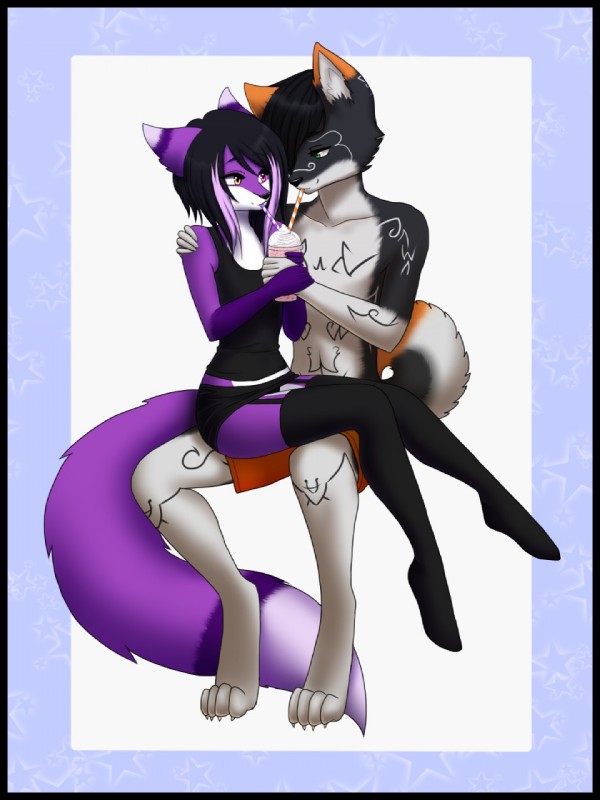 alternative_fashion anthro beverage black_body black_fur black_hair bottomwear clothed clothing countershading crossdressing digitigrade drinking drinking_straw duo femboy fluffy fluffy_tail fur garter_straps hair hand_on_shoulder heterochromia highlights_(coloring) legwear long_hair male male/male markings milkshake multicolored_body multicolored_fur multicolored_hair on_lap panties purple_body purple_fur purple_hair purple_highlights romantic romantic_couple scene_(fashion) scene_haircut sharing sharing_beverage sharing_milkshake shirt shorts skirt smile stockings tail tank_top topless topwear two_tone_body two_tone_fur two_tone_hair underwear white_body white_countershading white_fur rococo coga flynn_esmae_lila canid canine canis domestic_dog fox husky mammal nordic_sled_dog spitz 2015 3:4 hi_res