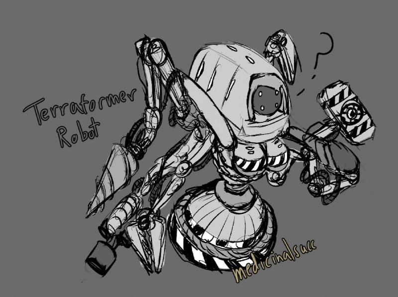 breasts claws drill female hammer hovering machine monster_girl_(genre) not_furry simple_background solo terraformer_robot tools weapon wide_hips medicinal_succ pathfinder robot 2019 digital_media_(artwork) monochrome