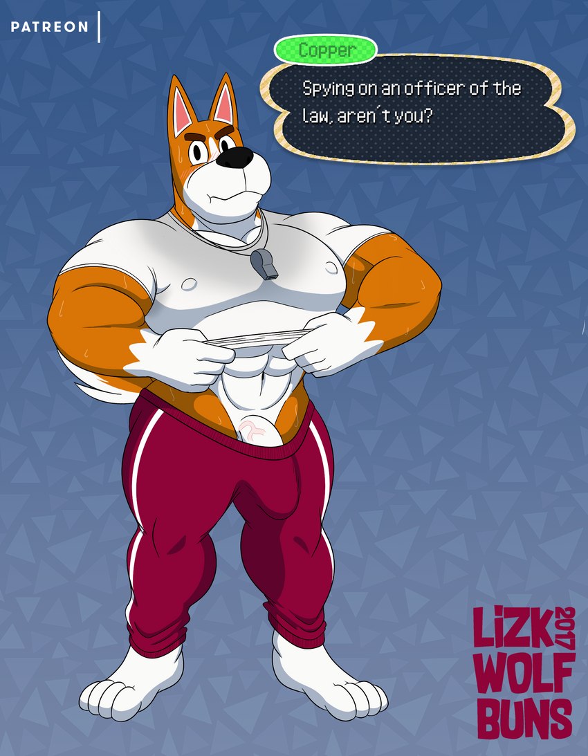 4_toes 5_fingers abs anthro athletic_wear biceps black_nose blush bodily_fluids bottomwear brown_body brown_fur bulge clothed clothing clothing_lift dialogue feet fingers fur genitals gloves_(marking) header header_box humanoid_genitalia humanoid_penis male markings muscular muscular_anthro muscular_male nipple_outline nipples pants pattern_background pecs penis penis_base red_bottomwear red_clothing red_pants shirt shirt_lift simple_background solo speech_bubble sweat text text_header toes topwear vein white_body white_clothing white_fur white_shirt white_topwear workout_clothing wolfbuns animal_crossing nintendo copper_(animal_crossing) canid canine canis domestic_dog mammal english_text hi_res