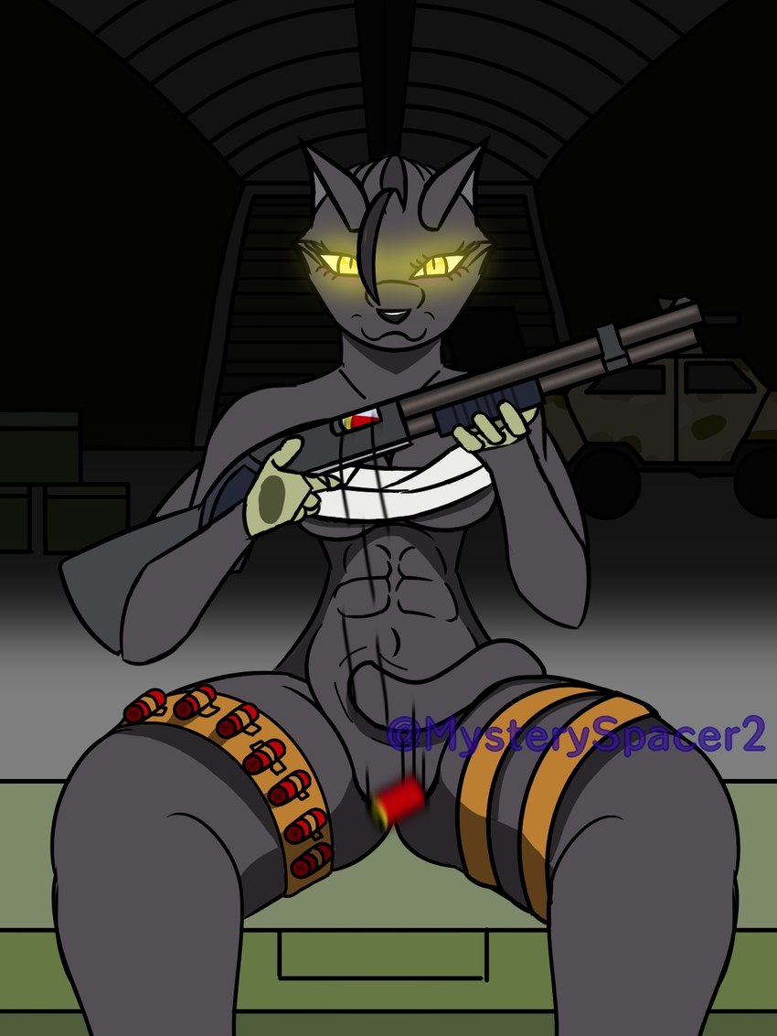 bandage belt black_body black_fur breasts chair clothing female fur furniture gloves gun handwear hangar on_chair ranged_weapon shell_(projectile) shotgun shotgun_shell simple_background sitting sitting_on_chair solo spread_legs spreading tail weapon yellow_eyes maximilianofox bad_2_bad bagheera_hook felid feline humanoid mammal hi_res