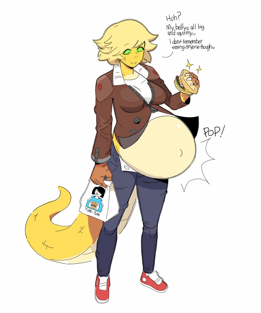 belly belly_expansion big_belly big_breasts blonde_hair bottomwear breasts clothing dialogue eating eating_food expansion female food footwear green_eyes green_sclera hair looking_down navel pants pregnant pregnant_female pregnant_humanoid sandwich_(food) shirt shoes simple_background solo sound_effects standing tail text topwear yellow_body lewdlemage mangra_(lewdlemage) alien alien_humanoid animal_humanoid humanoid scalie scalie_humanoid 5:6 english_text hi_res