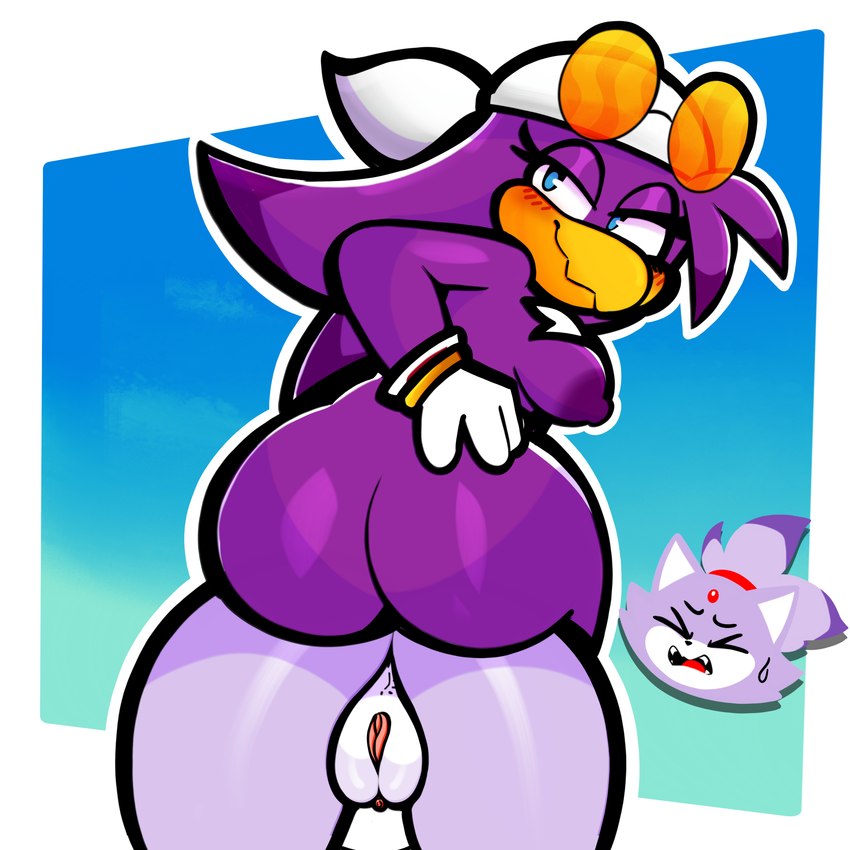 anus bandanna_on_head bedroom_eyes big_breasts big_butt blue_eyes blush breasts butt butt_stack eyewear female female/female female_on_top genitals narrowed_eyes nipples non-mammal_breasts non-mammal_nipples on_top purple_body pussy seductive sunglasses thick_thighs wide_hips maio oiamoeyh sega sonic_riders sonic_the_hedgehog_(series) blaze_the_cat wave_the_swallow avian felid feline mammal 1:1 absurd_res hi_res