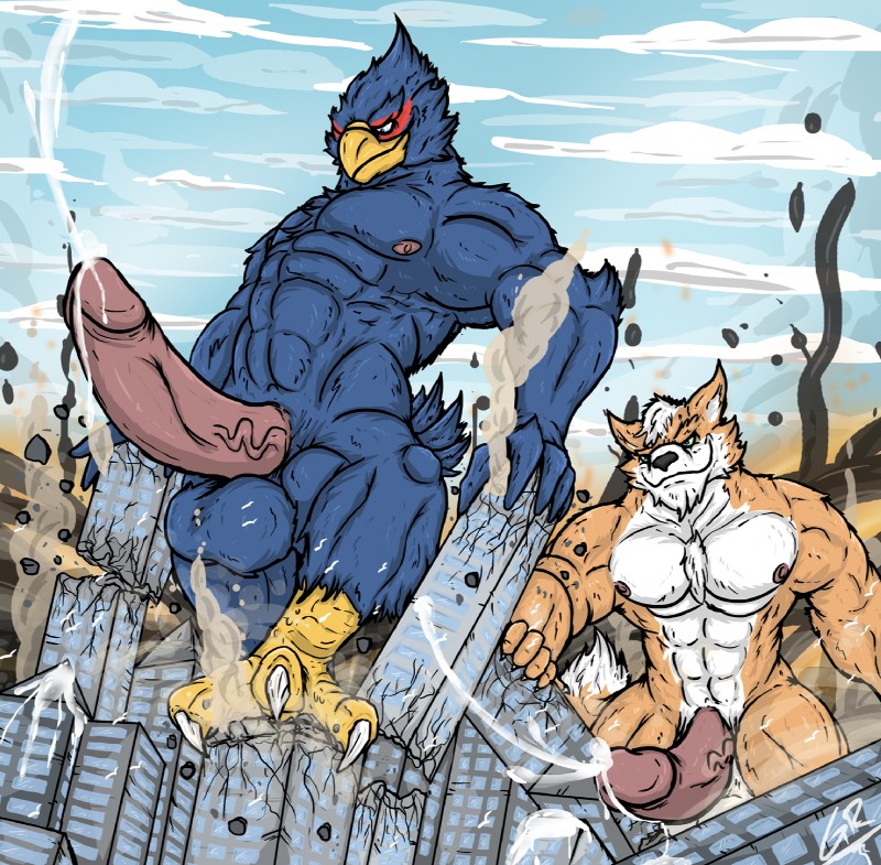 anthro bodily_fluids building city cum destruction duo erection feet genital_fluids genitals humanoid_genitalia humanoid_penis macro male nude penis stomping grilder123 nintendo star_fox falco_lombardi fox_mccloud avian bird canid canine fox mammal hi_res