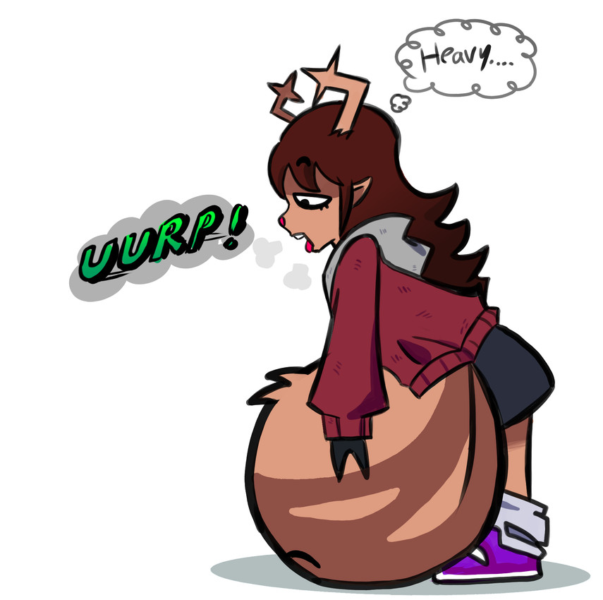 anthro antlers belly big_belly bottomwear brown_hair burp_cloud burping clothing eyelashes fingers footwear hair hooved_fingers hooves horn jacket long_hair pointy_ears prick_ears purple_clothing purple_footwear purple_shoes red_clothing red_jacket red_nose red_topwear shoes skirt socks tan_body topwear vore white_clothing white_footwear white_socks blimpyslimpy deltarune undertale_(series) fan_character deer mammal hi_res trans_(lore)