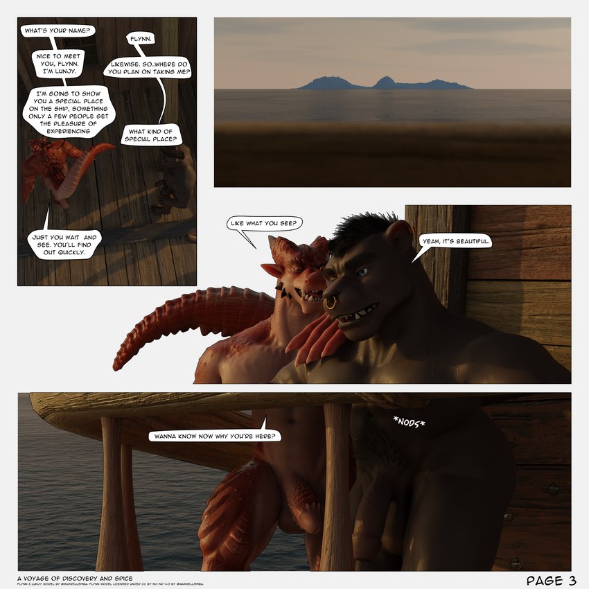 dialogue duo flaccid genitals group male male/male penis ship text trio vehicle watercraft buruthebull maxwellshiba dragon_(maxwellshiba) flynn_(maxwellshiba) lunjy_(maxwellshiba) felid mammal pantherine scalie 1:1 3d_(artwork) absurd_res comic digital_media_(artwork) english_text hi_res