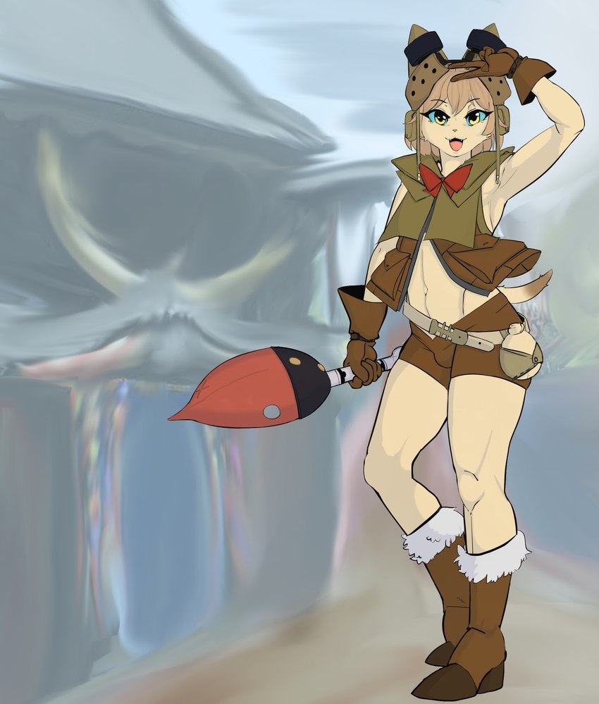 anthro clothed clothing femboy gloves handwear holding_object looking_at_viewer male pose ribbons skimpy kingchan capcom monster_hunter mewlls felid felyne lynian mammal palico hi_res