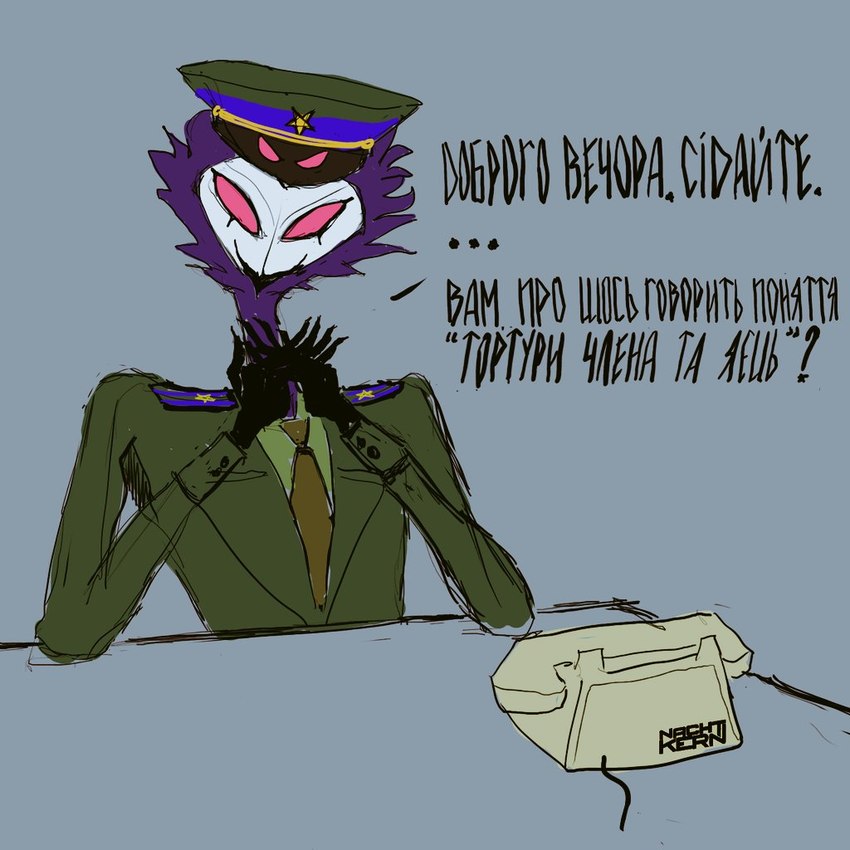 anthro clothing dialogue electronics innuendo kgb landline_phone male military_clothing military_hat military_uniform phone rotary_phone russian sitting soviet_union text uniform nacht_kern helluva_boss stolas_(helluva_boss) animal_humanoid avian avian_humanoid bird_humanoid demon humanoid hybrid 1:1 2022 digital_media_(artwork) translated ukrainian_text