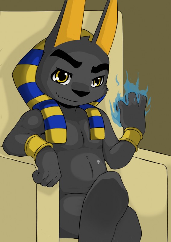 4_fingers anthro big_head biped black_nose bracelet chair crossed_legs fingers fur furniture grey_body grey_fur jewelry kemono long_ears looking_at_viewer magic male mostly_nude simple_background sitting solo throne yellow_eyes young young_anthro young_male chaoji_xiao_shou_he anubis_and_the_buried_bone egyptian_mythology middle_eastern_mythology mythology anubis anubian_jackal canid canine canis deity jackal mammal cel_shading hi_res shaded