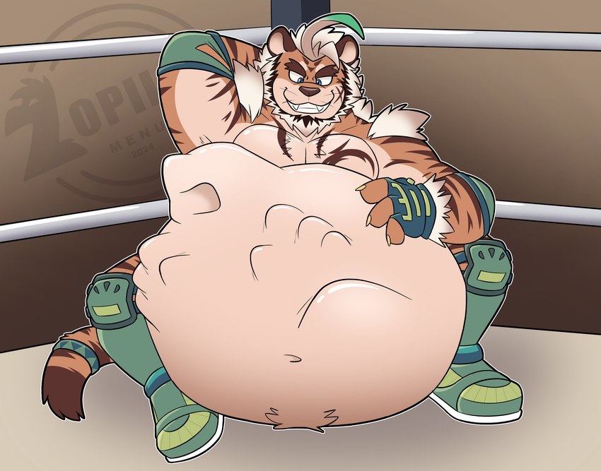 3_fingers anthro belly belly_bump big_belly boots clothing fighting_ring fingerless_gloves fingers footwear gloves hair handwear imprint male navel pecs raised_arms shoes sitting solo stretchy_bulge struggling vore white_hair zopilotemenu lifewonders tokyo_afterschool_summoners hombre_tigre_(tas) felid mammal pantherine tiger hi_res