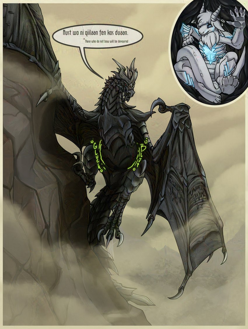 anthro anthro_prey black_body black_scales cutaway detailed_background dialogue duo feral feral_pred hair internal male male_pred membrane_(anatomy) membranous_wings outside rumbling_stomach scales soft_vore speech_bubble tail text vore white_body white_hair white_scales wings young_intellegent_furry_friend bethesda_game_studios european_mythology microsoft mythology skyrim the_elder_scrolls alduin dragon mythological_creature mythological_scalie scalie western_dragon english_text hi_res