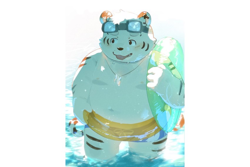 anthro belly blush clothing fur humanoid_hands kemono male outside overweight overweight_anthro overweight_male solo swimwear water white_body white_fur xinnai0485 xinnainai felid mammal pantherine tiger 2021 hi_res