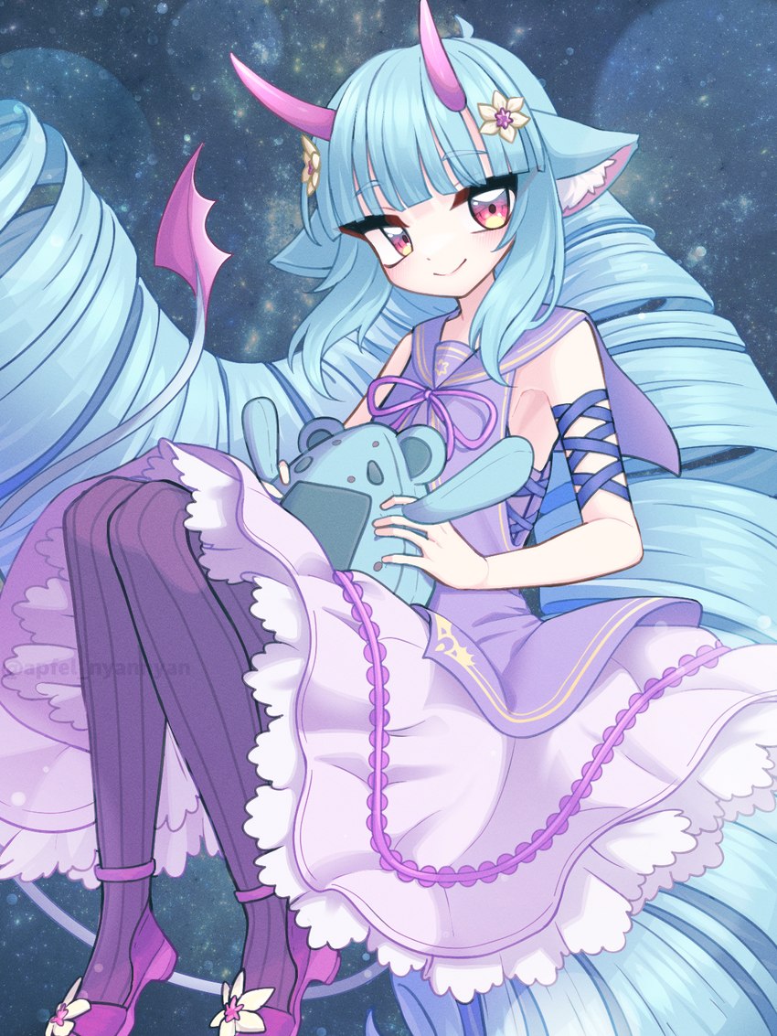 accessory alternative_fashion amber_eyes blue_hair clothing cosmic_background female footwear hair horn j-fashion legwear lolita_(fashion) long_hair long_tail pantyhose plushie shoes smile solo tail apfel_nyannyan mythology sanrio show_by_rock!! delmin_(show_by_rock!!) animal_humanoid demon demon_humanoid dragon dragon_humanoid horned_humanoid humanoid mythological_creature mythological_scalie scalie 3:4 hi_res