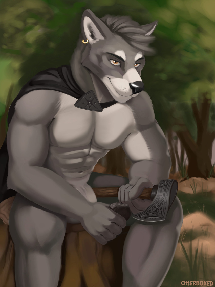 anthro axe cape clothing ear_piercing ear_ring forest fur gaze grass grey_body grey_fur male melee_weapon nude outside painting piercing plant ring_piercing rock solo tasteful_nudity tomahawk tree tree_stump weapon white_body white_fur otterboxed canid canine canis mammal wolf 2020 3:4 absurd_res hi_res