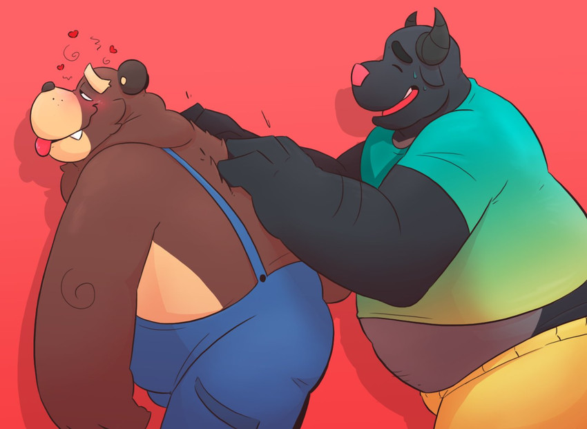 anthro black_body blush bottomwear brown_body bulge clothing duo eyes_closed heart_symbol male overweight overweight_male pants red_background scratching shirt simple_background topwear leothelionel the_human_heart_(game) cade_maplebottom tyler_laurent bear bovid bovine cattle mammal 2021