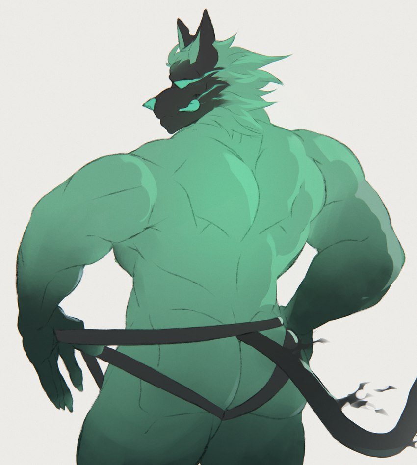 anthro biceps butt clothed clothing clothing_pull green_body jockstrap jockstrap_pull male muscular muscular_anthro muscular_male simple_background solo tail tongue tongue_out underwear underwear_pull ryandidindoome epic_games fortnite mythology cerberus_(fortnite) canid canid_demon canine demon hellhound mammal mythological_canine mythological_creature 2024 hi_res