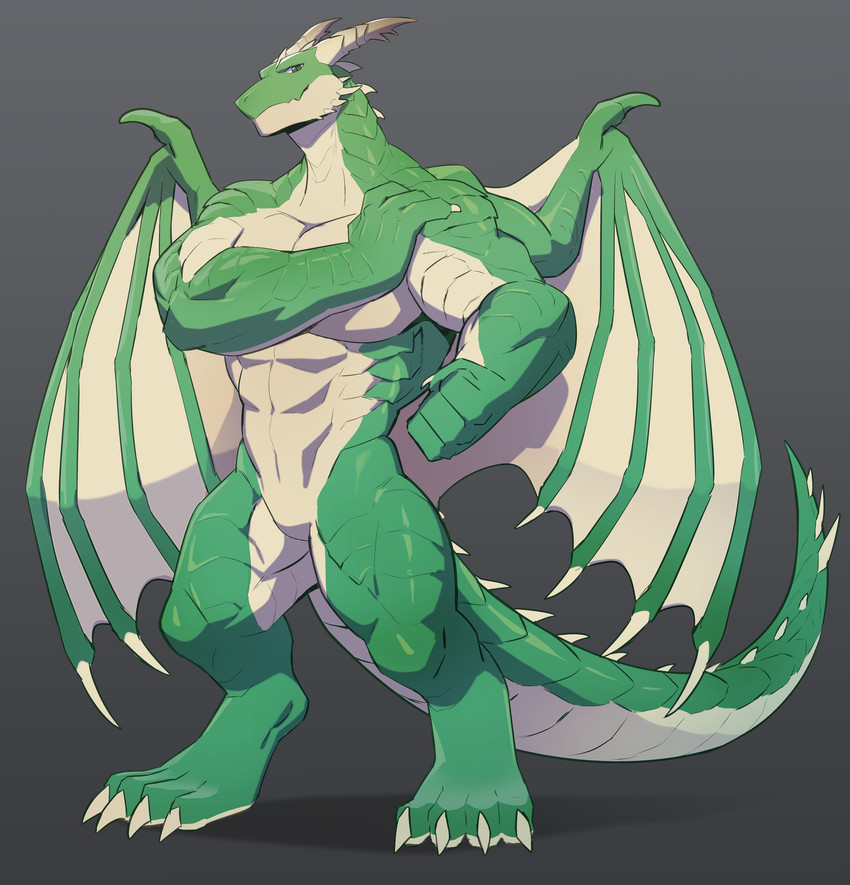 4_toes abs anthro big_muscles big_pecs featureless_crotch feet green_body grey_background humanoid_hands looking_at_viewer male membrane_(anatomy) membranous_wings muscular muscular_anthro muscular_arms muscular_legs muscular_male pecs simple_background solo standing tail toes wings velk european_mythology mythology dragon mythological_creature mythological_scalie scalie western_dragon full-length_portrait hi_res portrait