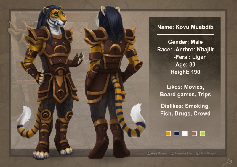 anthro armor fur hair male solo striped_body striped_fur stripes text yellow_eyes lutti microsoft the_elder_scrolls kovu_muabdib felid hybrid khajiit liger lion mammal pantherine tiger 2019 absurd_res english_text hi_res model_sheet