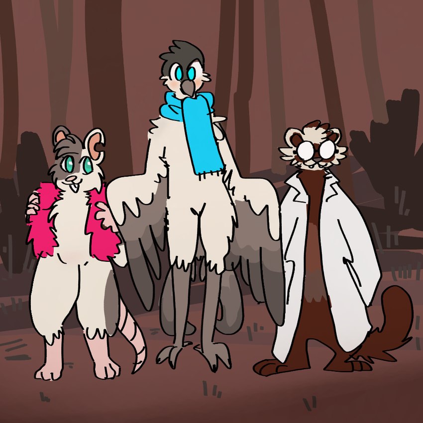 anthro beak blue_eyes blue_scarf brown_body brown_fur buckteeth detailed_background digitigrade eyewear fangs feather_boa feathered_wings feathers featureless_crotch feet fur glasses grass grey_beak grey_body grey_feathers grey_nose group hairless_tail head_tuft hindpaw lab_coat_only male mostly_nude notched_ear opaque_glasses outside paws pink_body pink_inner_ear pink_nose pink_skin plant plantigrade round_glasses scarf scarf_only smile standing tail tail_feathers teeth tree trio tuft wearing_glasses white_body white_feathers white_fur wings tomcateye avian bird domestic_ferret fork-tailed_flycatcher kingbird mammal mouse murid murine mustelid musteline new_world_suboscine passerine rodent suboscine true_musteline tyrant_flycatcher weasel 1:1 2024 digital_drawing_(artwork) digital_media_(artwork) flat_colors