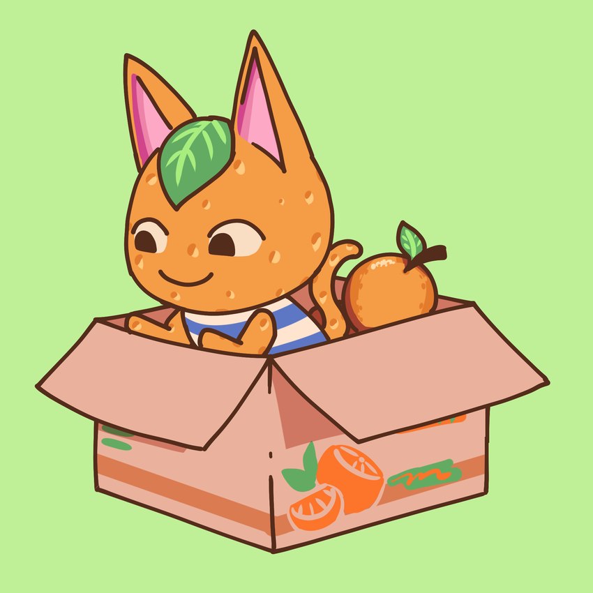 ambiguous_anthro ambiguous_gender anthro bent_arm black_eyes blue_stripes box cardboard cardboard_box closed_smile clothed clothed_ambiguous clothed_anthro clothing container dress food fruit fur inside_box leaf leaf_on_head mouth_closed noseless open_box orange_body orange_fur orange_tail pattern_clothing pattern_dress pink_inner_ear plant simple_background smile solo striped_clothing striped_dress stripes tail tangerine_(fruit) white_clothing white_dress duokhay animal_crossing nintendo tangy_(animal_crossing) domestic_cat felid feline felis mammal 1:1 2020 colored digital_drawing_(artwork) digital_media_(artwork) hi_res shaded simple_shading female_(lore)