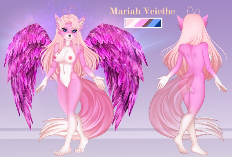 ahoge anthro blue_eyes breasts crystal female fur genitals hair long_hair nipples nude pink_body pink_fur pink_hair pussy solo wings adorableinall mariah_veiethe canid canine canis mammal wolf digital_media_(artwork)