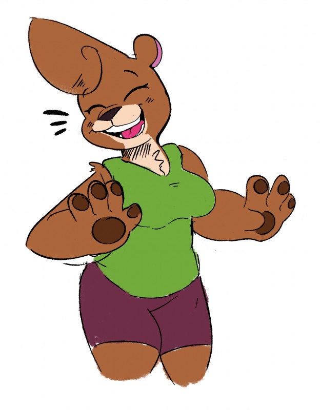 4_fingers anthro breasts brown_body brown_fur chest_tuft clothed clothing eyes_closed female fingers fur hair open_mouth open_smile pose simple_background smile solo tuft white_background gabbah petunia_(gabbah) bear mammal 2016 digital_media_(artwork) hi_res source_request