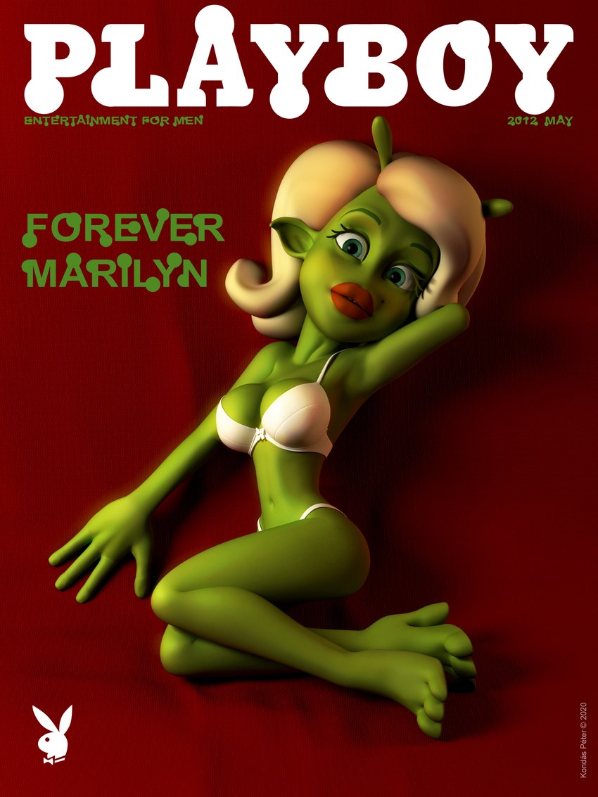 3_toes 4_fingers antennae_(anatomy) barefoot blonde_hair bra breasts clothing eyebrows feet female fingers green_body green_eyebrows green_eyes green_skin green_text hair hand_behind_head high_heeled_feet lips lipstick makeup midriff navel not_furry panties parody pose red_lips red_lipstick solo text thick_lips toes underwear white_bra white_clothing white_underwear kondaspeter planet_51 playboy marilyn_monroe alien alien_humanoid humanoid 2014 3:4 3d_(artwork) absurd_res cover digital_media_(artwork) english_text hi_res magazine_cover pinup