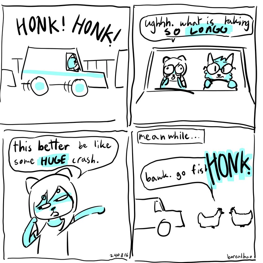 4_panel_comic annoyed anthro car clothing dialogue duo eyewear female feral glasses hair honking_horn humor inside_car inside_vehicle male shirt short_hair sitting speech_bubble steering_wheel t-shirt text topwear traffic_jam vehicle borealhao lamapola rye_(lamapola) vinea_(lamapola) avian bird chicken domestic_ferret galliform gallus_(genus) mammal mustelid musteline phasianid procyonid raccoon true_musteline weasel 1:1 comic english_text hi_res