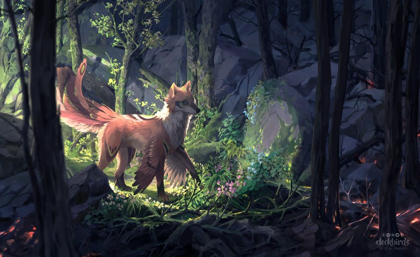 ambiguous_gender day detailed_background feral forest grass outside plant solo tree clockbirds avian canid canine fox hybrid mammal 2022 digital_media_(artwork) hi_res