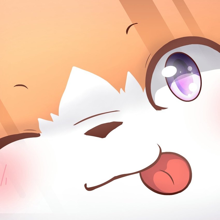 anthro black_nose blep blush close-up fur looking_at_viewer male one_eye_closed orange_body orange_fur purple_eyes smile solo tongue tongue_out white_body white_fur kimacats kima_(kimacats) domestic_cat felid feline felis mammal 1:1 2017