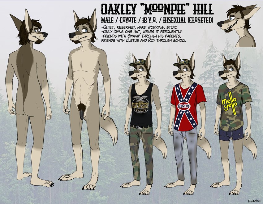 adolescent anthro bad_teeth clothing confederate_flag confederate_states_of_america hat headgear headwear male missing_teeth pubes redneck shirt solo tank_top teeth text topwear yellow_teeth young foxmusk moonpie_(foxmusk) canid canine canis coyote mammal english_text hi_res model_sheet