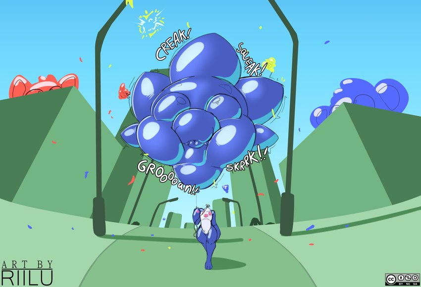 air_inflation ambiguous_gender anthro balloon belly blue_body blue_head clear_sky confetti disembodied_head fireworks floating_head inflatable inflation popping red_head_(anatomy) shadow sky solo_focus text white_belly riilu creative_commons riilu_(character) 2022 artist_name digital_drawing_(artwork) digital_media_(artwork)