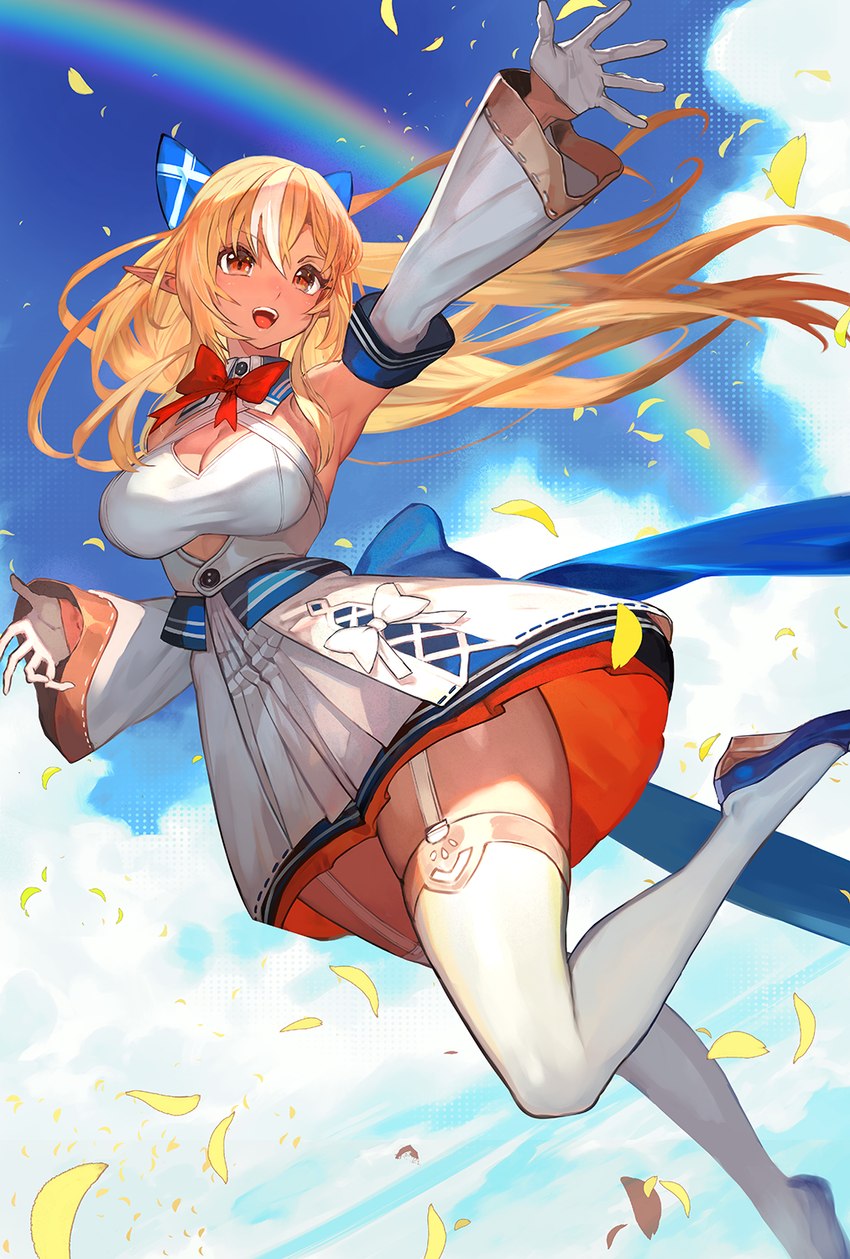 big_breasts blonde_hair blue_clothing blue_footwear blue_ribbon blue_shoes breasts clothing dress female footwear garter_straps gloves hair handwear humanoid_pointy_ears legwear long_hair looking_aside open_mouth orange_eyes petals pointy_ears rainbow red_ribbon shoes sky skyscape solo stockings tanned thick_thighs white_clothing white_dress white_gloves white_handwear white_legwear white_ribbon white_stockings lalalalack hololive vtuber flare_shiranui elf humanoid 2021 hi_res