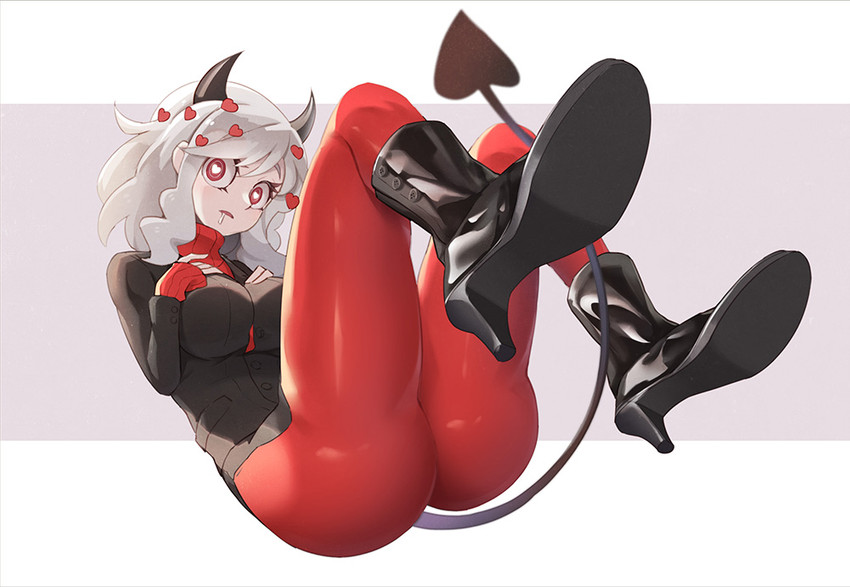 big_breasts black_horn bodily_fluids boots breasts butt clothing drooling female footwear hair heart_eyes heart_symbol high_heeled_boots high_heels horn looking_at_viewer not_furry open_mouth red_eyes saliva shoes simple_background solo spade_tail suit sweater tail topwear turtleneck white_background white_bars white_body white_hair white_skin z.o.b helltaker modeus_(helltaker) demon demon_humanoid humanoid