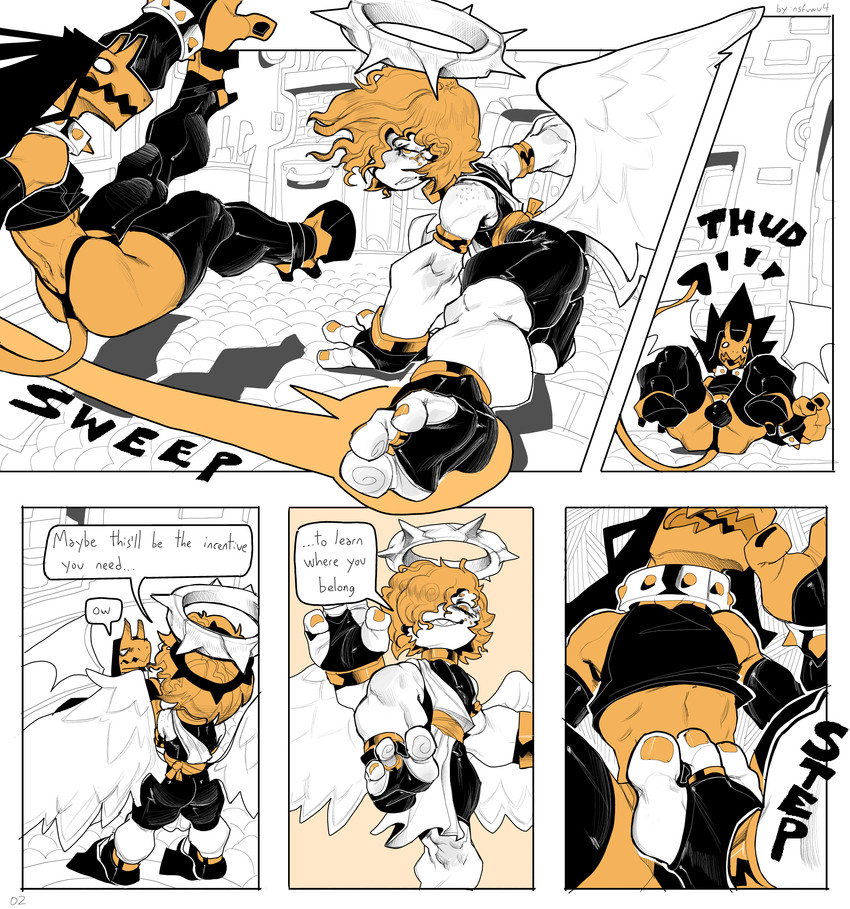 3_toes anthro armwear back_wings biped bottomwear bracelet bulge butt_wings choker clothed clothed_male clothing collar colored_nails colored_toenails crop_top detailed_bulge dialogue dominant dominant_male duo feet foot_fetish foot_play freckled_face freckles fully_clothed fully_clothed_male halo hooves horn humanoid_feet jewelry leg_sweep leggings legwear male male/male male_anthro nails necklace plantigrade shirt shorts spandex spandex_shorts speech_bubble spiked_bracelet spiked_collar spikes stepping_on_balls stepping_on_genitals stirrup_footwear surprised surprised_face text thong tight_bottomwear tight_clothing tight_shorts toenails toes topwear underwear unusual_wing_placement wings nsfuwu4 angel angel_humanoid demon humanoid 2024 absurd_res comic english_text hi_res